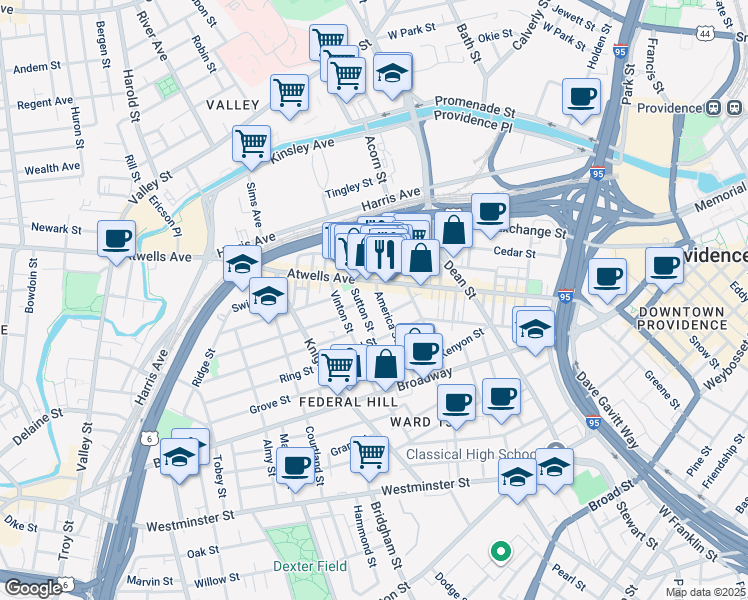 map of restaurants, bars, coffee shops, grocery stores, and more near 74 Sutton Street in Providence