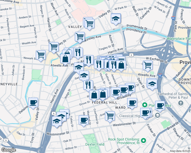 map of restaurants, bars, coffee shops, grocery stores, and more near 45 Gesler Street in Providence