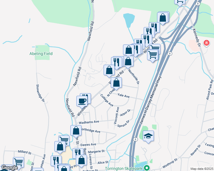 map of restaurants, bars, coffee shops, grocery stores, and more near 230 Winsted Road in Torrington
