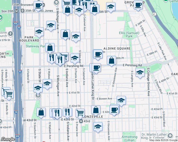 map of restaurants, bars, coffee shops, grocery stores, and more near 3919 South Calumet Avenue in Chicago