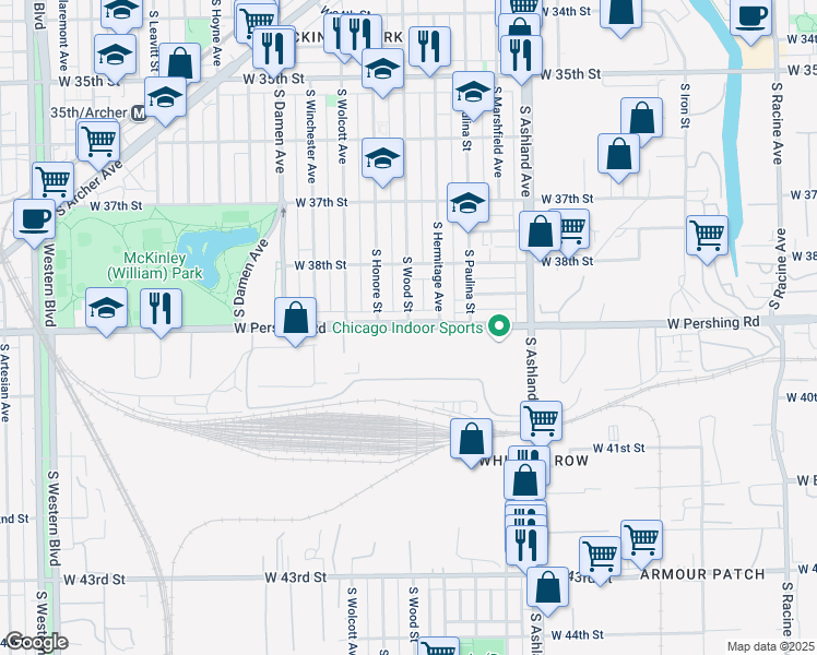 map of restaurants, bars, coffee shops, grocery stores, and more near 1819 West Pershing Road in Chicago