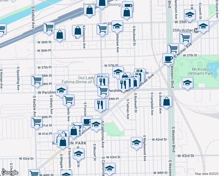map of restaurants, bars, coffee shops, grocery stores, and more near 2718 West Pershing Road in Chicago