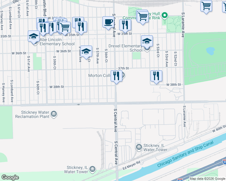 map of restaurants, bars, coffee shops, grocery stores, and more near 3814 South Central Avenue in Cicero