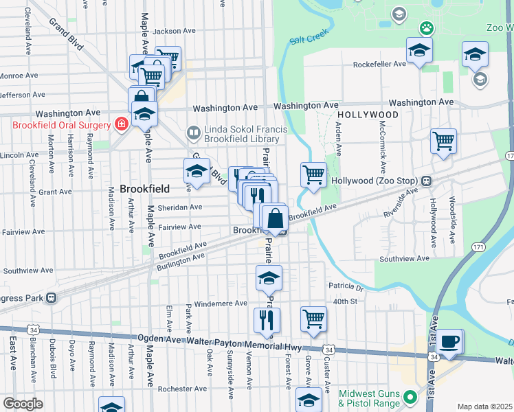 map of restaurants, bars, coffee shops, grocery stores, and more near 3743 Grand Boulevard in Brookfield