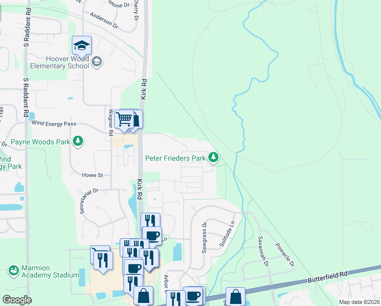 map of restaurants, bars, coffee shops, grocery stores, and more near 1679 Carlstedt Drive in Batavia