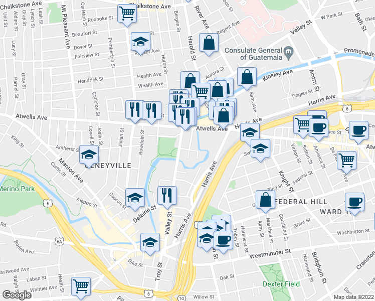 map of restaurants, bars, coffee shops, grocery stores, and more near 41 Tuxedo Avenue in Providence
