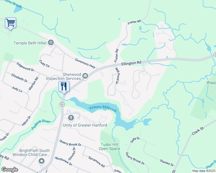 map of restaurants, bars, coffee shops, grocery stores, and more near 1810 Mill Pond Drive in South Windsor