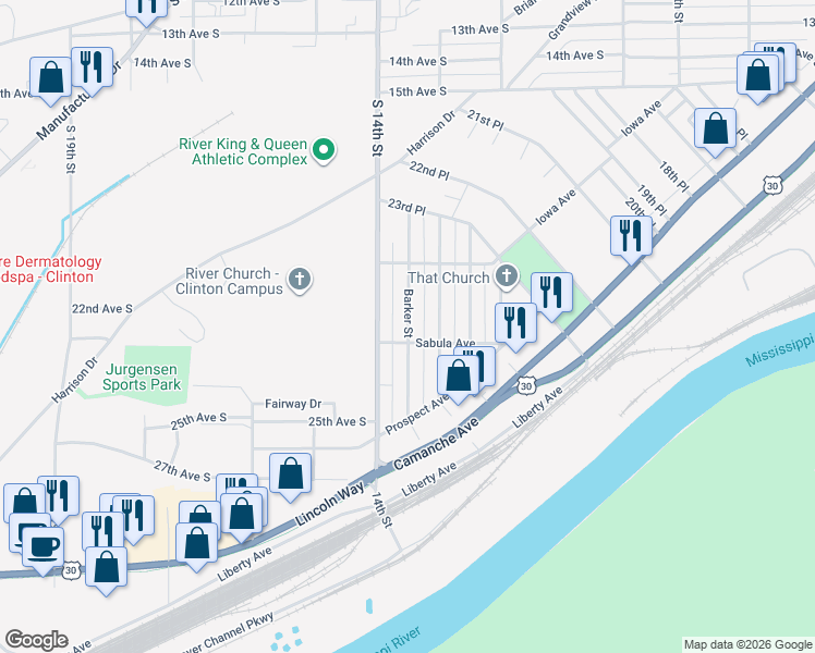 map of restaurants, bars, coffee shops, grocery stores, and more near 2386 Barker Street in Clinton