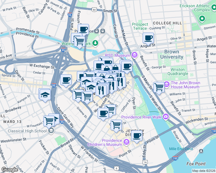 map of restaurants, bars, coffee shops, grocery stores, and more near 169 Weybosset Street in Providence