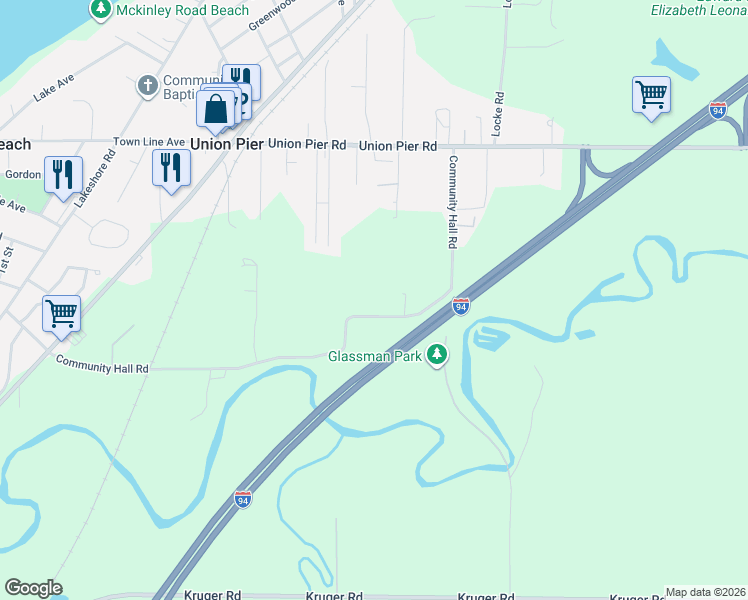map of restaurants, bars, coffee shops, grocery stores, and more near 9683 Community Hall Road in Union Pier