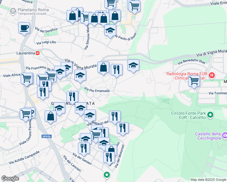 map of restaurants, bars, coffee shops, grocery stores, and more near Via Mentore Maggini in Roma