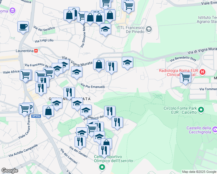 map of restaurants, bars, coffee shops, grocery stores, and more near Via Mentore Maggini in Roma