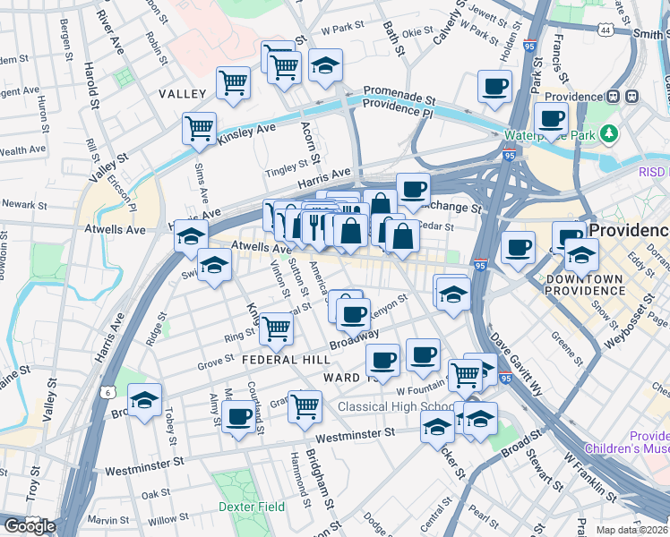 map of restaurants, bars, coffee shops, grocery stores, and more near 11 Africa Street in Providence
