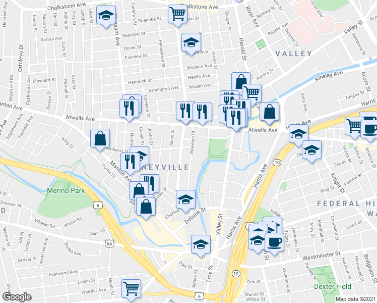 map of restaurants, bars, coffee shops, grocery stores, and more near 118 Bowdoin Street in Providence