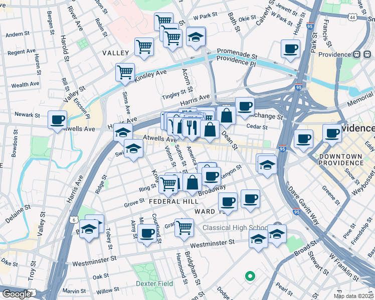 map of restaurants, bars, coffee shops, grocery stores, and more near 19 America Street in Providence