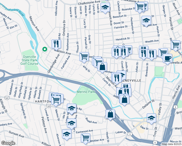 map of restaurants, bars, coffee shops, grocery stores, and more near 9 King Street in Providence