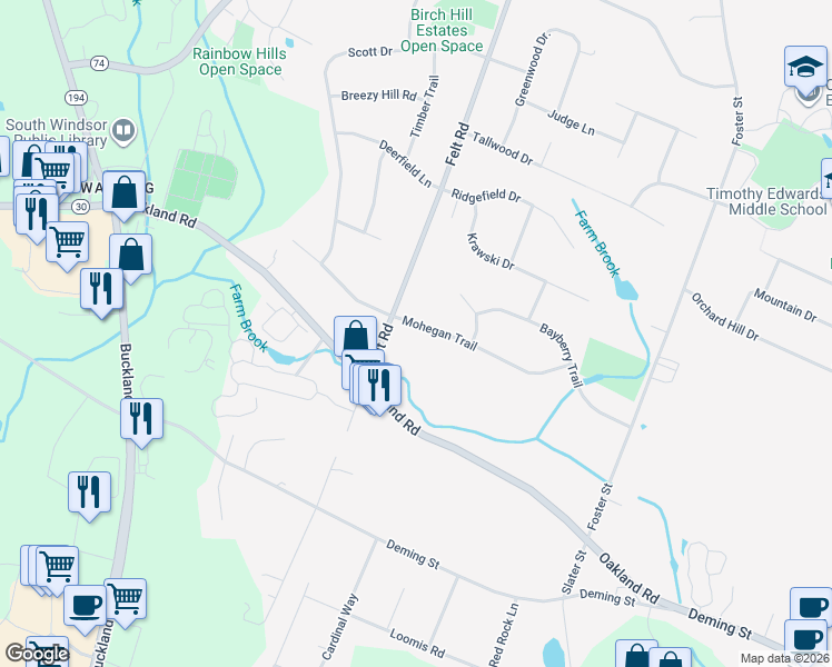 map of restaurants, bars, coffee shops, grocery stores, and more near 20 Mohegan Trail in South Windsor
