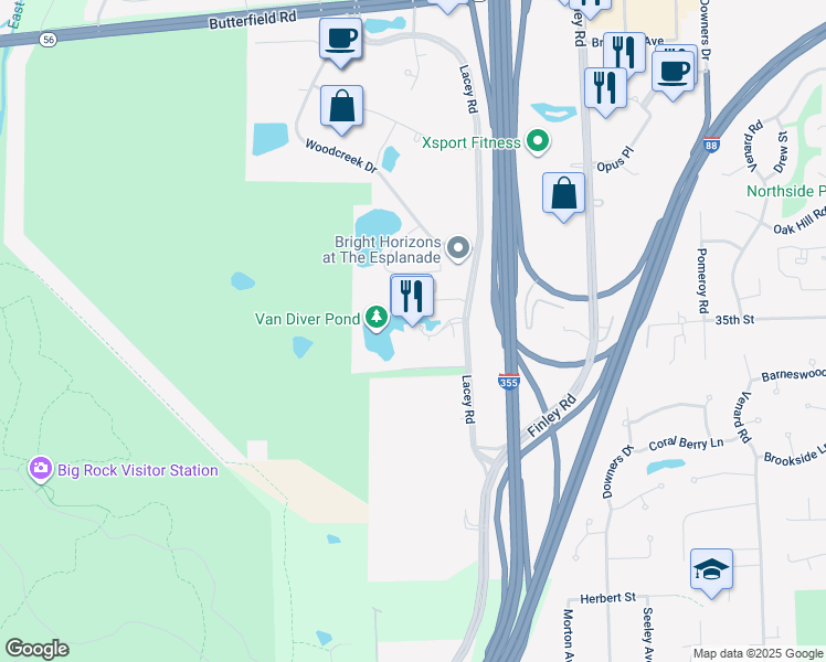 map of restaurants, bars, coffee shops, grocery stores, and more near 3500 Lacey Road in Downers Grove
