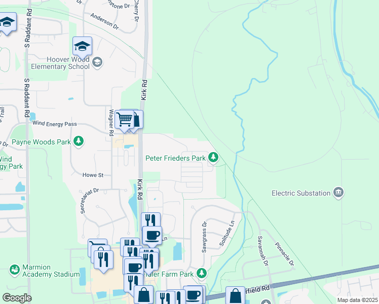 map of restaurants, bars, coffee shops, grocery stores, and more near 1637 Carlstedt Drive in Batavia