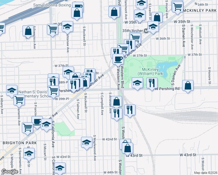 map of restaurants, bars, coffee shops, grocery stores, and more near 2454 West Pershing Road in Chicago