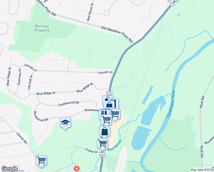 map of restaurants, bars, coffee shops, grocery stores, and more near 16 Blue Ridge Drive in Simsbury