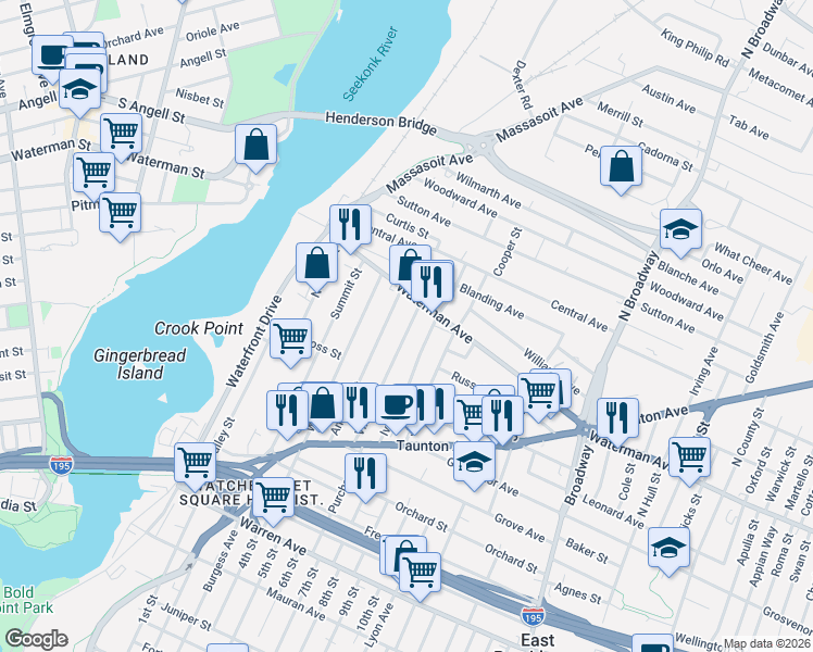 map of restaurants, bars, coffee shops, grocery stores, and more near 128 Ivy Street in East Providence