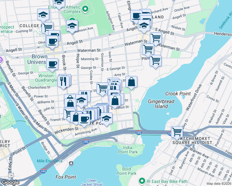 map of restaurants, bars, coffee shops, grocery stores, and more near 308 Williams Street in Providence