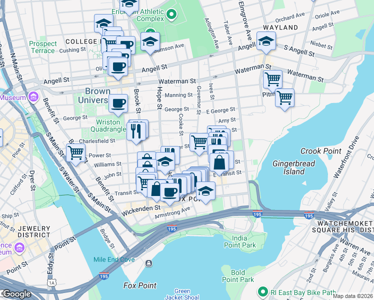 map of restaurants, bars, coffee shops, grocery stores, and more near 224 Williams Street in Providence