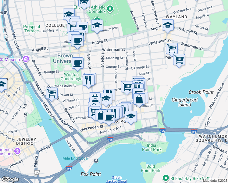 map of restaurants, bars, coffee shops, grocery stores, and more near 224 Williams Street in Providence