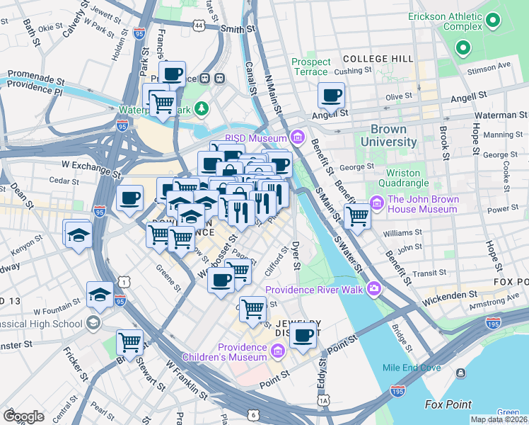 map of restaurants, bars, coffee shops, grocery stores, and more near 61 Orange Street in Providence