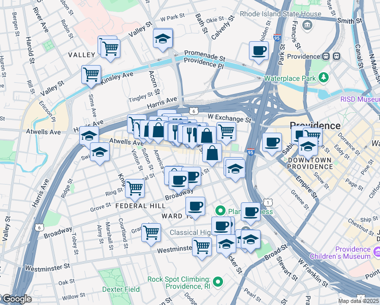 map of restaurants, bars, coffee shops, grocery stores, and more near 17 Messenger Street in Providence