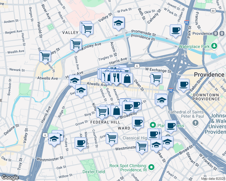 map of restaurants, bars, coffee shops, grocery stores, and more near 74 Sutton Street in Providence