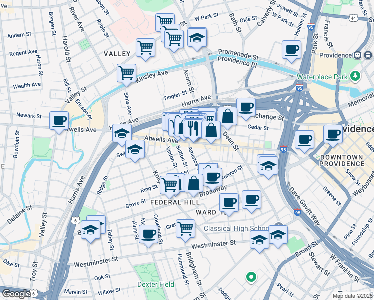 map of restaurants, bars, coffee shops, grocery stores, and more near 74 Sutton Street in Providence