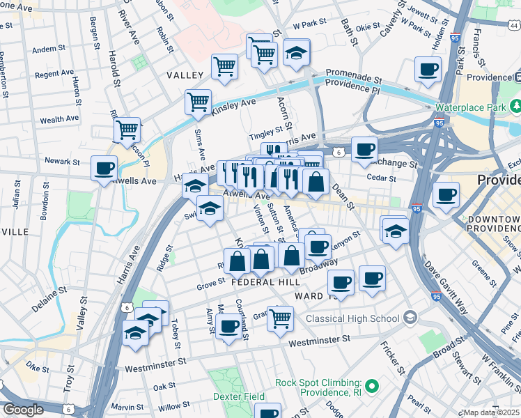 map of restaurants, bars, coffee shops, grocery stores, and more near 33 Vinton Street in Providence