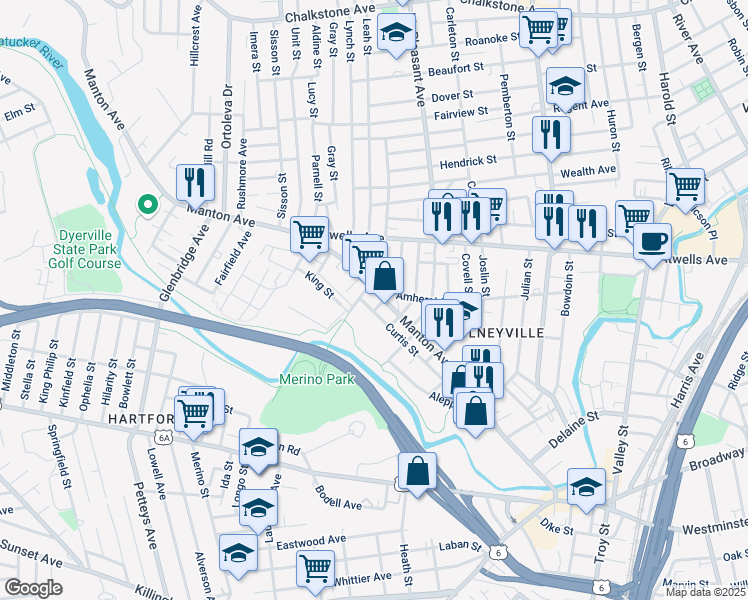 map of restaurants, bars, coffee shops, grocery stores, and more near 332 Manton Avenue in Providence