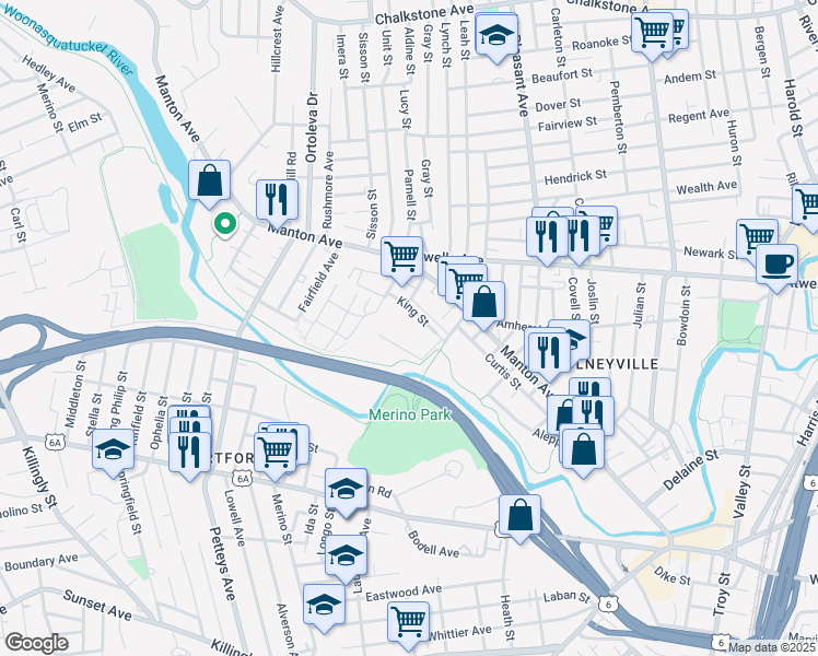 map of restaurants, bars, coffee shops, grocery stores, and more near 60 King Street in Providence