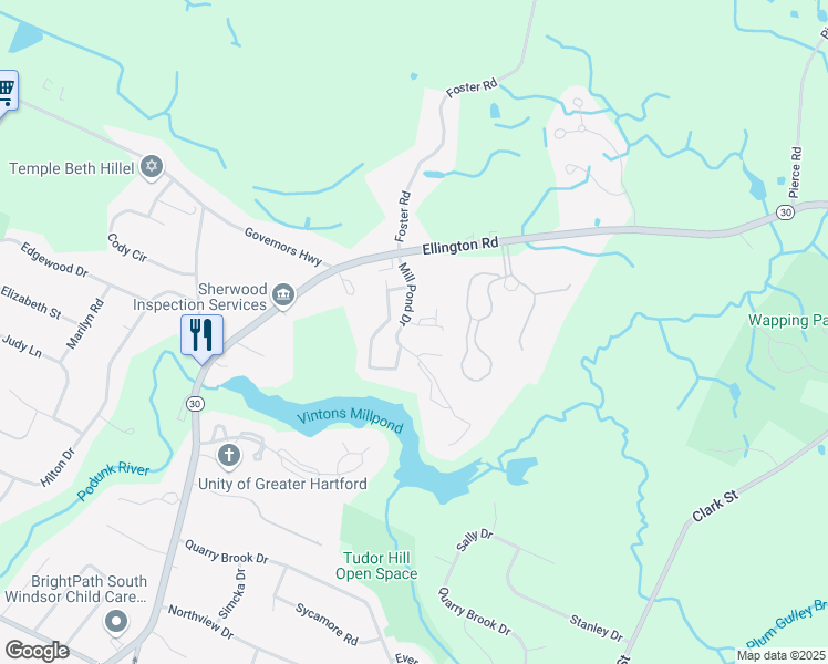 map of restaurants, bars, coffee shops, grocery stores, and more near 99 Mill Pond Drive in South Windsor