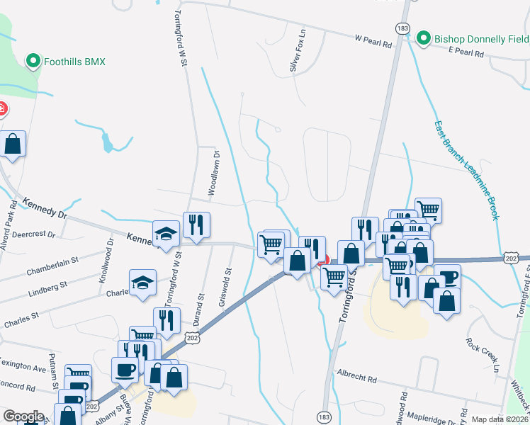 map of restaurants, bars, coffee shops, grocery stores, and more near 78 Windtree Street in Torrington