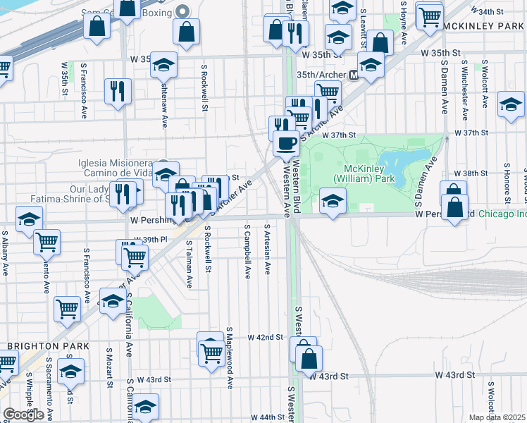 map of restaurants, bars, coffee shops, grocery stores, and more near 2454 West Pershing Road in Chicago