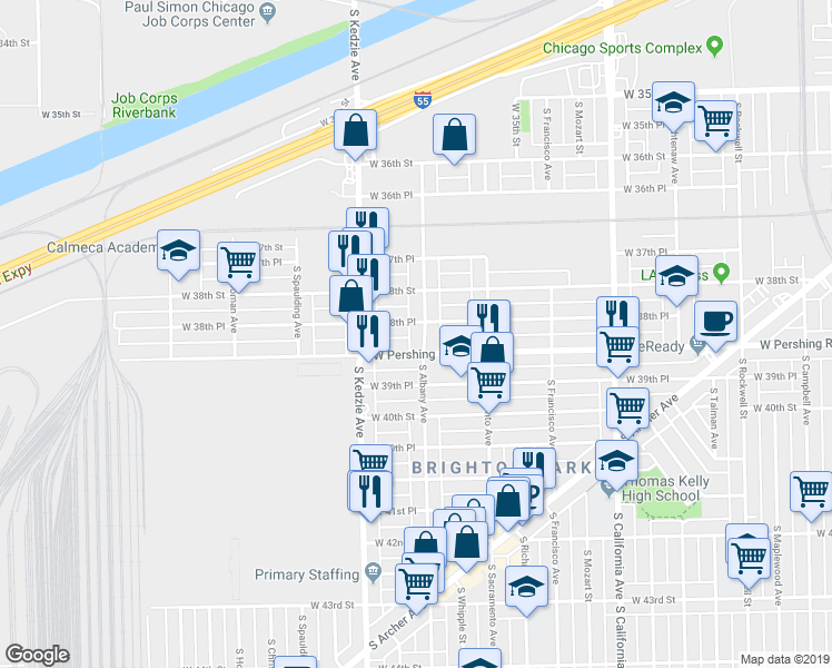 map of restaurants, bars, coffee shops, grocery stores, and more near 3848 South Albany Avenue in Chicago