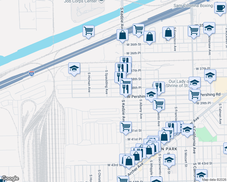 map of restaurants, bars, coffee shops, grocery stores, and more near 3845 South Spaulding Avenue in Chicago