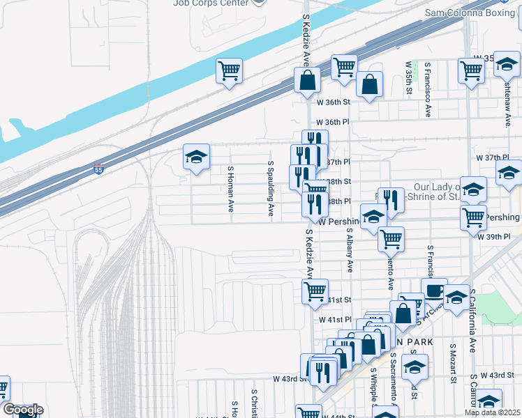 map of restaurants, bars, coffee shops, grocery stores, and more near 3325 West 38th Place in Chicago