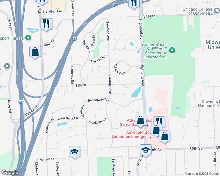 map of restaurants, bars, coffee shops, grocery stores, and more near 3524 Saratoga Avenue in Downers Grove