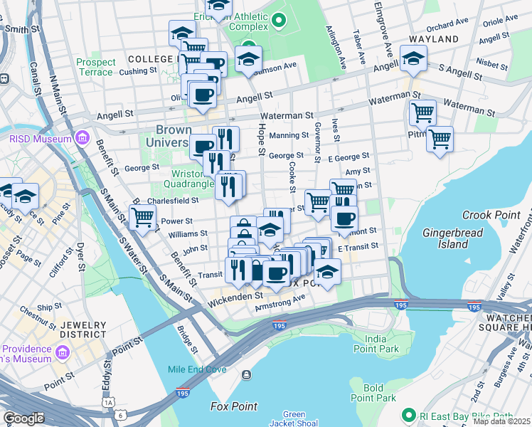 map of restaurants, bars, coffee shops, grocery stores, and more near Hope Street & Power Street in Providence