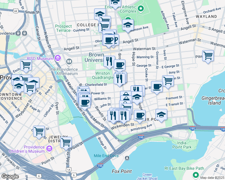 map of restaurants, bars, coffee shops, grocery stores, and more near 42 Charlesfield Street in Providence