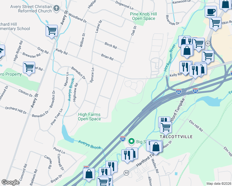 map of restaurants, bars, coffee shops, grocery stores, and more near 55 Gerber Road East in South Windsor