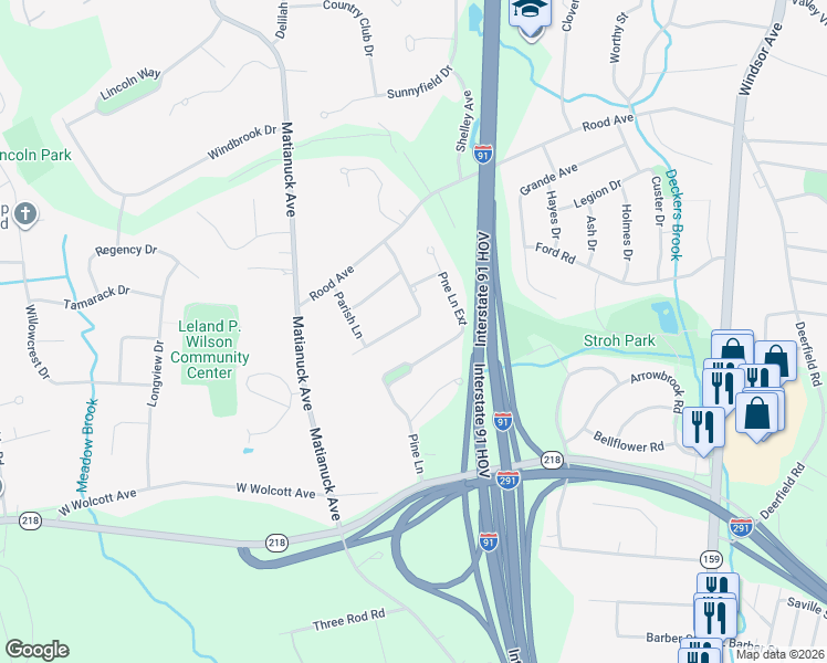 map of restaurants, bars, coffee shops, grocery stores, and more near 91 Green Manor Avenue in Windsor