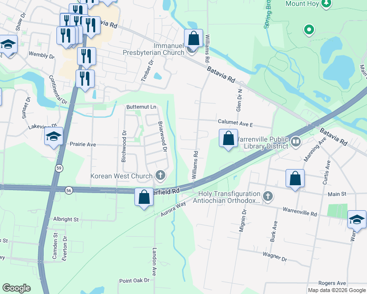 map of restaurants, bars, coffee shops, grocery stores, and more near 29W274 Warren Court in Warrenville