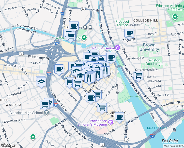 map of restaurants, bars, coffee shops, grocery stores, and more near 90 Eddy Street in Providence