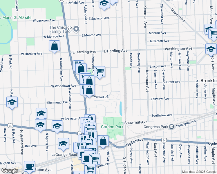 map of restaurants, bars, coffee shops, grocery stores, and more near 442 Homestead Road in La Grange Park